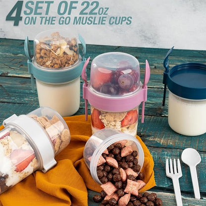 4-Pack Reusable Yogurt Parfait Cups with Lids & Built-In Spoon & Fork – BPA-Free Dual-Compartment Containers for Breakfast, Oatmeal, Granola, Gym, Travel – Leakproof & Dishwasher Safe – (22 oz-650 ml)