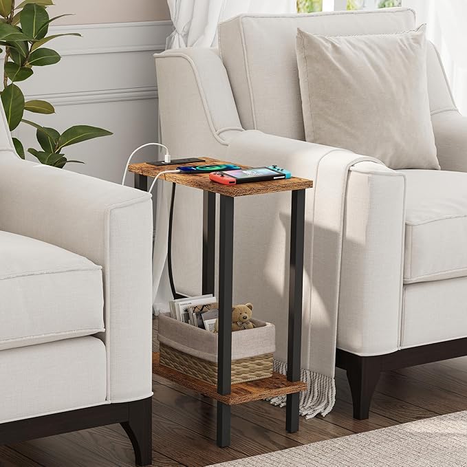 TUTOTAK Small End Table with Charging Station, Narrow Side Table with USB Ports