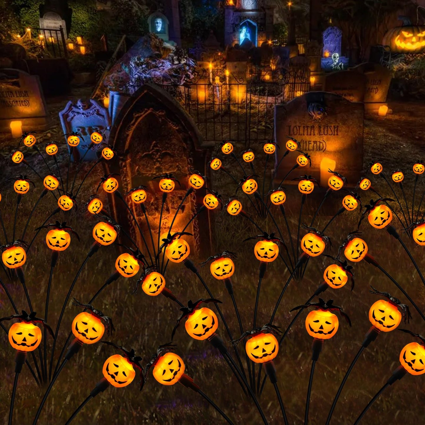 Weepong Halloween Decorations Outdoor 2 Pack Solar Lights, 12 LED Scary Pumpkin Swaying Firefly Lights with Spider & Bats for Outside Garden Yard Lawn Grave Cemetery Ghost Decor Party, Orange