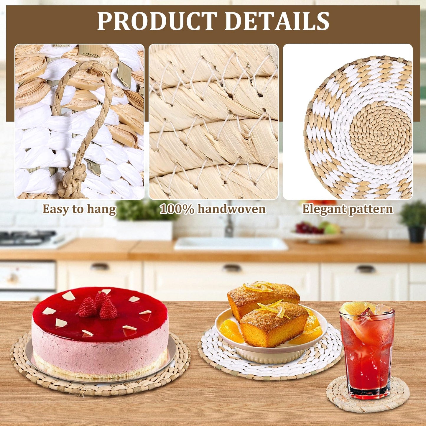 MJOGGOTT 9 Pcs Boho Wall Basket Decor Hanging Woven Wall Basket Art Decor Rattan Wicker Seagrass Home Round Tassels White Macrame Tapestry Baskets Decoration for Kitchen Home Farmhouse Decoration