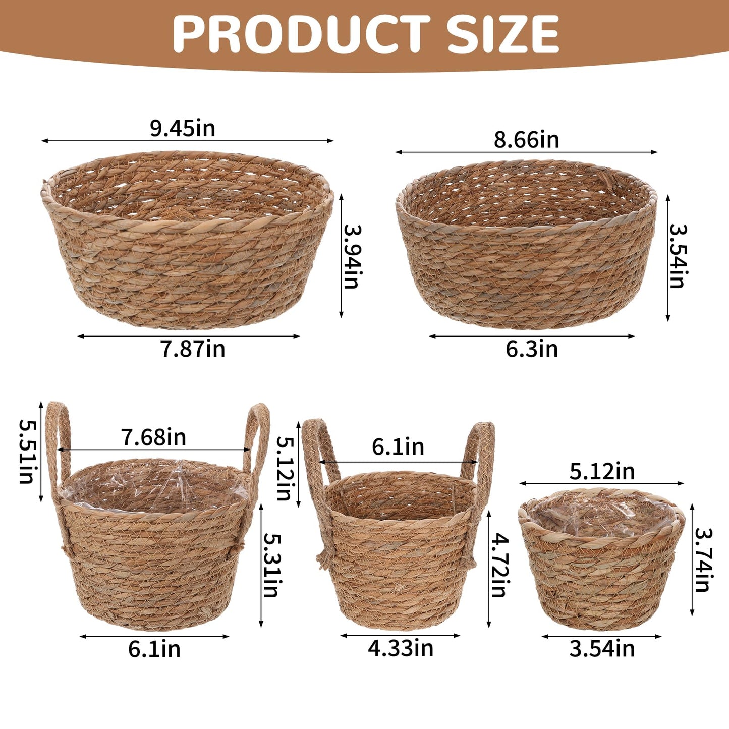MegoSage 5 Pcs Premium Planter Basket with Plastic Liner Flower Baskets Containers with Handles for Indoor Outdoor Hand Woven Plant Basket for Garden Home Decor Flower Pots Decoration