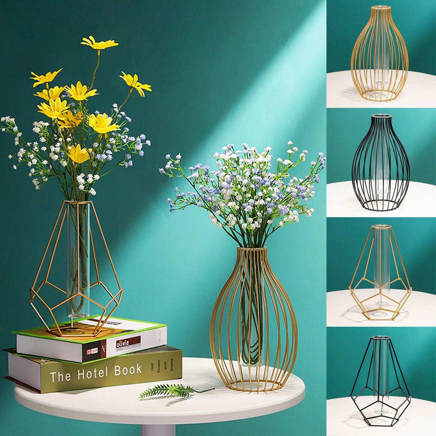 Metal Frame Vase Geometric Glass Flower Vase, Lantern Shape Glass Test Tube Vase, Modern Creative Clear Tube Glass Planter Terrariums with Geometric Metal Stand for Decor Office Home (Golden B)