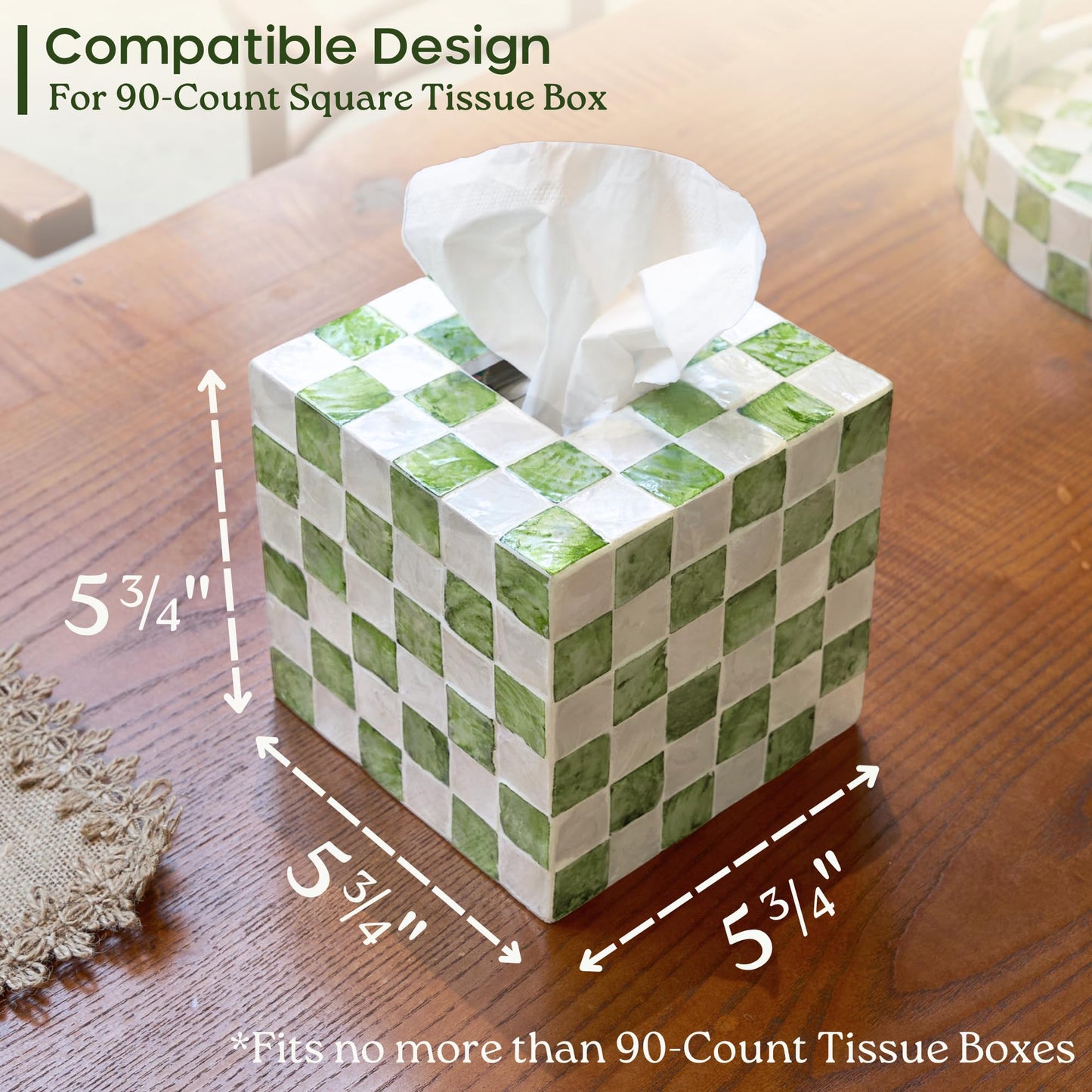 CHI AN HOME 5.7" Square Tissue Box Cover, Handmade Checkered Cube Tissue Box Cover with Capiz Shells, Decorative Tissue Holder for Living Room, Bathroom, Bedroom or Office (Pistachio Green)