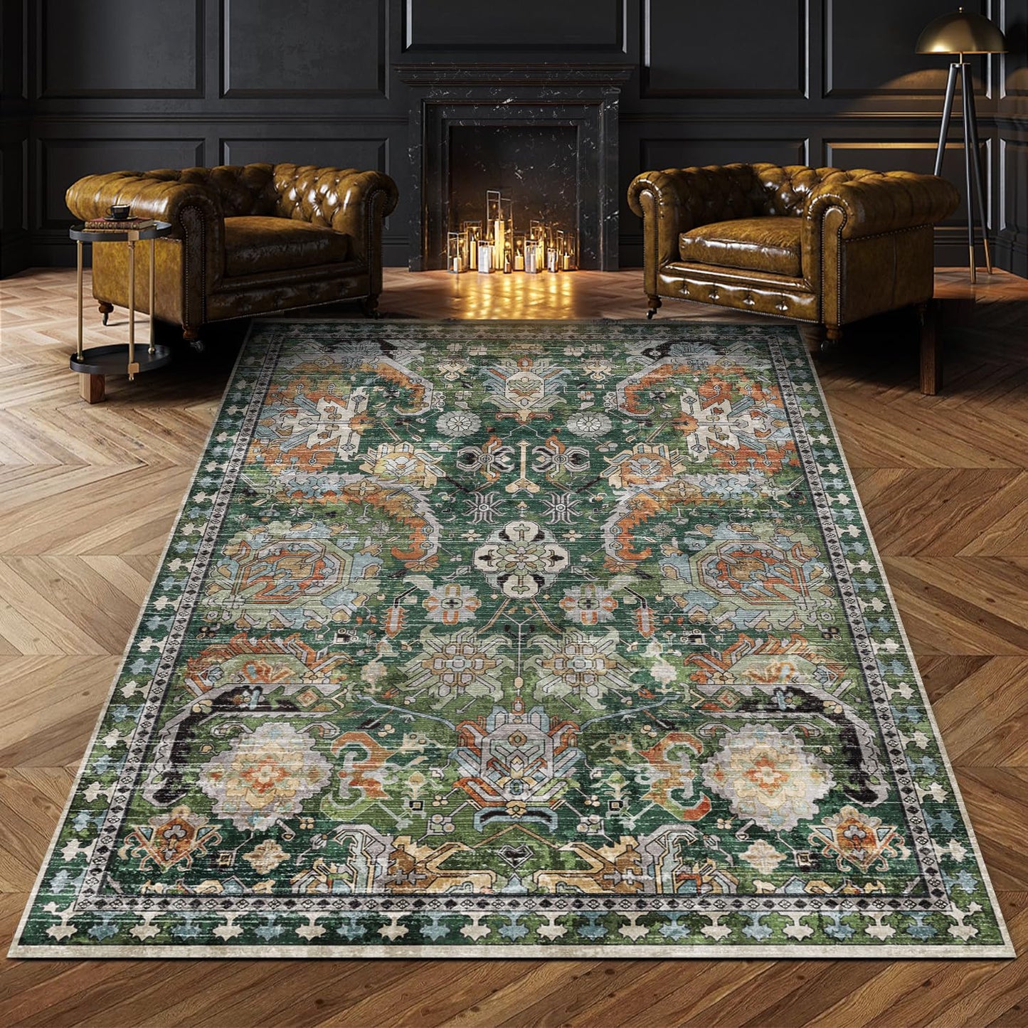 RUGSURE Washable Area Rugs - Perfect for Living Room, Bedroom, Kids Room, Nursery - Stain & Water Resistant Non-Slip, Pet & Child Friendly, Vintage Tribal Area Rugs (Green, 4' x 6')