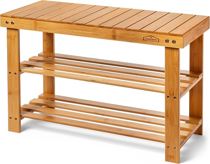 Purawood Bamboo 3 Tier Shoe Rack Bench, Premium Shoe Organizer or Entryway Bench