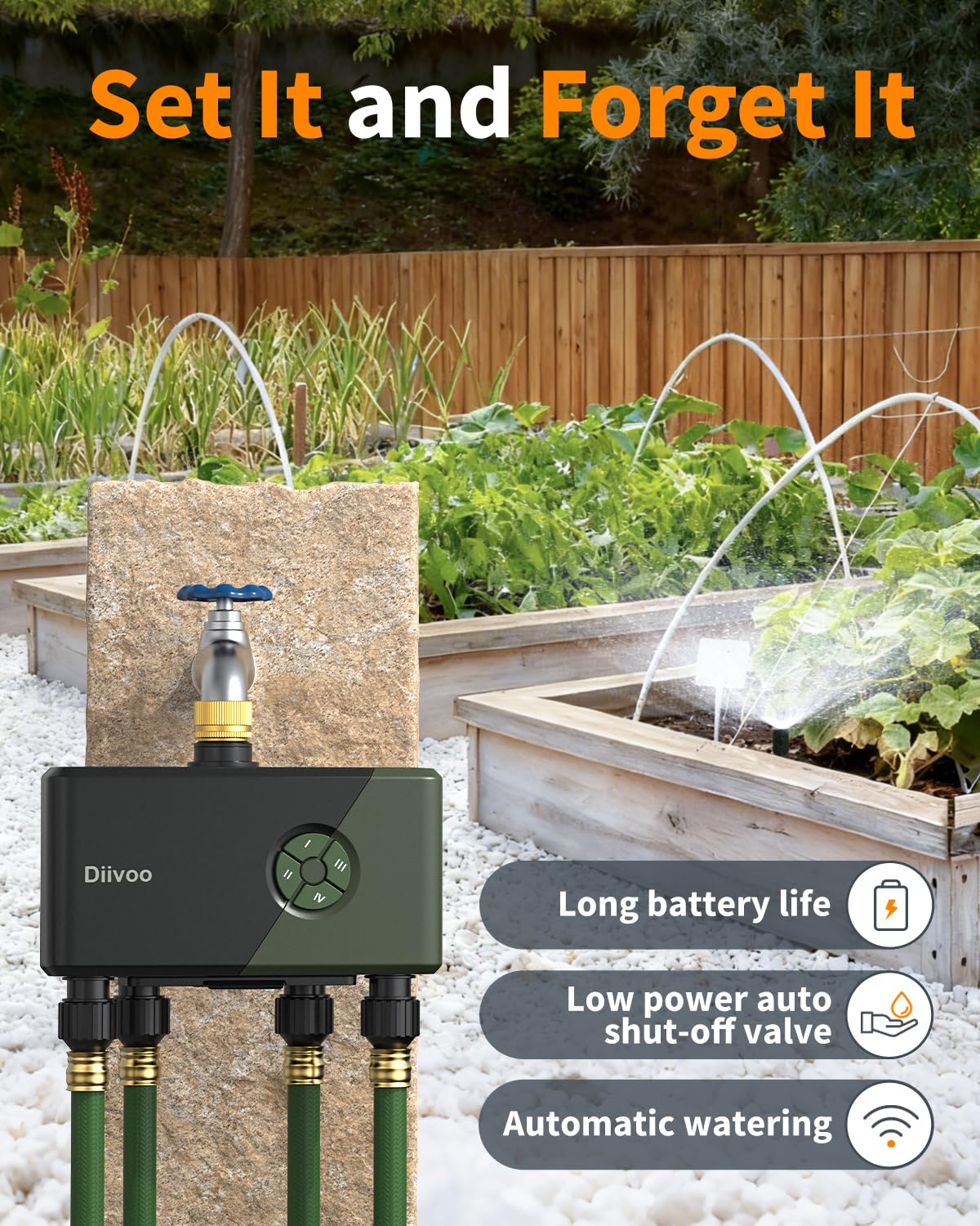 Diivoo 4 Zone WiFi Water Timer with Brass Inlet, Smart Hose Sprinkler Timer 4 Outlets Compatible with Alexa/Google Assistant, 24 Irrigation Plans, Rain Delay & Mist Mode for Garden Lawns (2.4GHz Only)