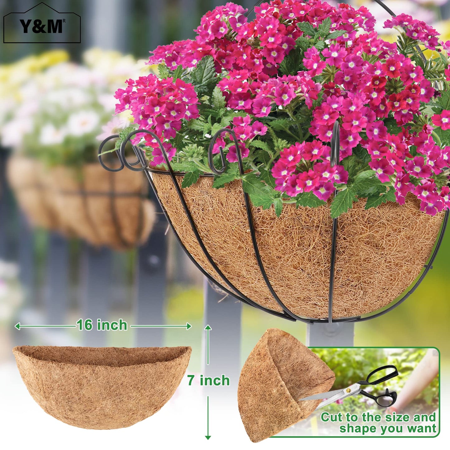 Y&M 16 Inch Pre-Formed Half Round Coco Fiber Liners – 2PCS Natural Coconut Liners for Hanging Baskets, Planter Boxes, Wall Mounted, Water Retention, Easy Fit for 16" Half Round Planters
