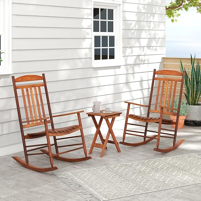 Tangkula 3-Piece Outdoor Poplar Wood Rocking Bistro Set, High Back Front Porch