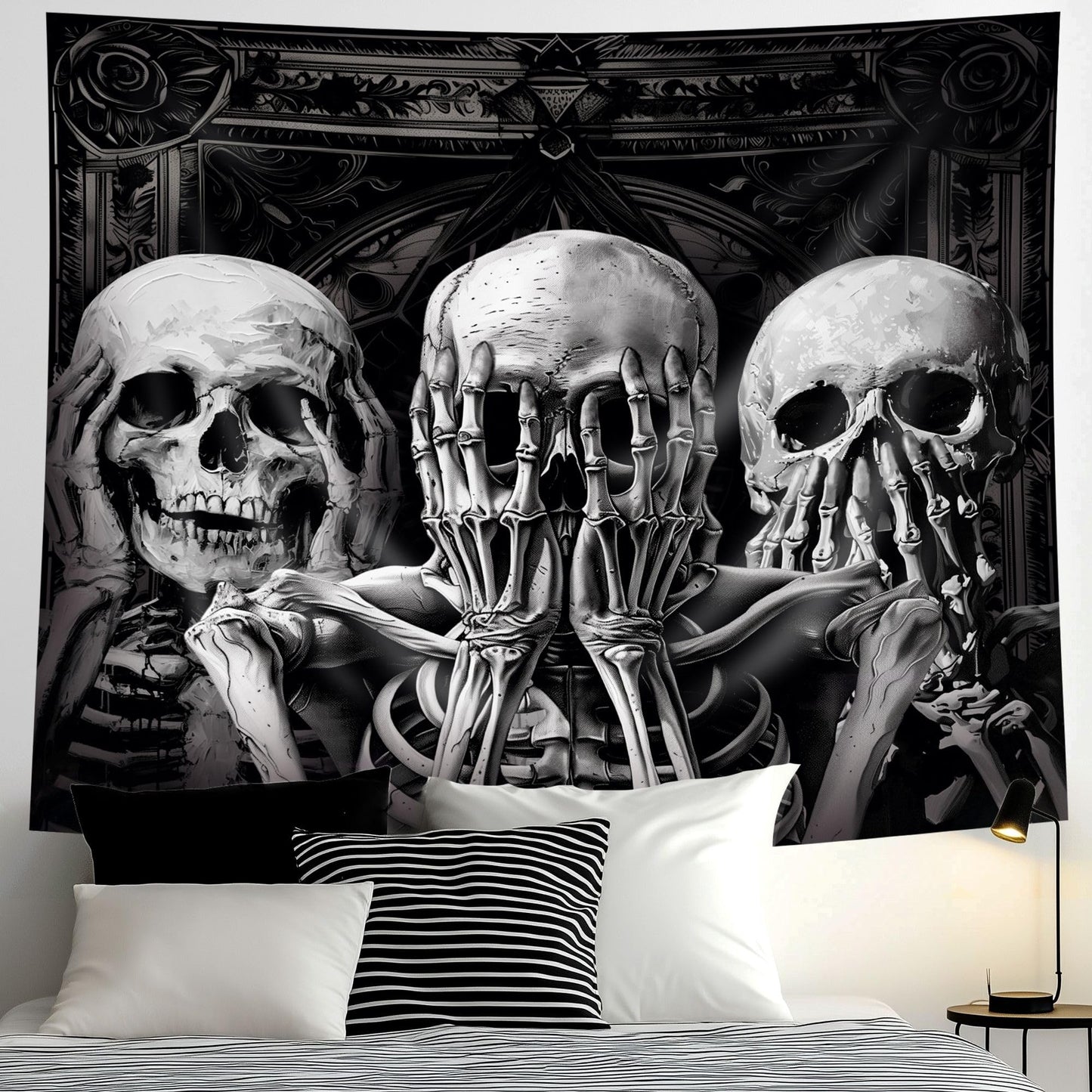 Mitpok Gothic Skull Tapestry Large Spooky Black Skeleton Goth Witchy Vinatge Funny Hilarious Cool Unique Wall Decor 71Hx91W Inch Halloween Wall Art Hanging Bedroom Living Room Dorm Wall Home Decor