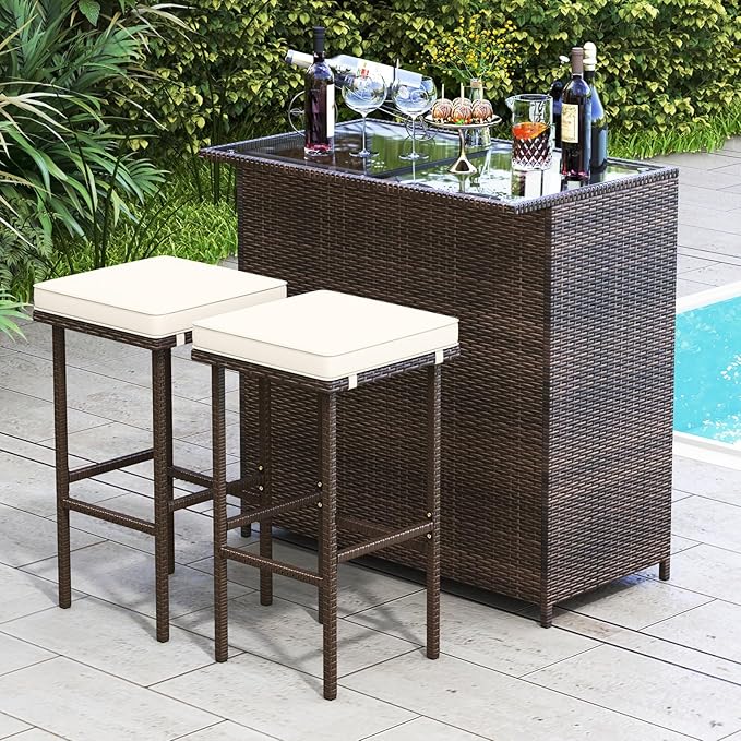 Tangkula Patio Bar Set, 3 Piece Outdoor Rattan Wicker Bar Set