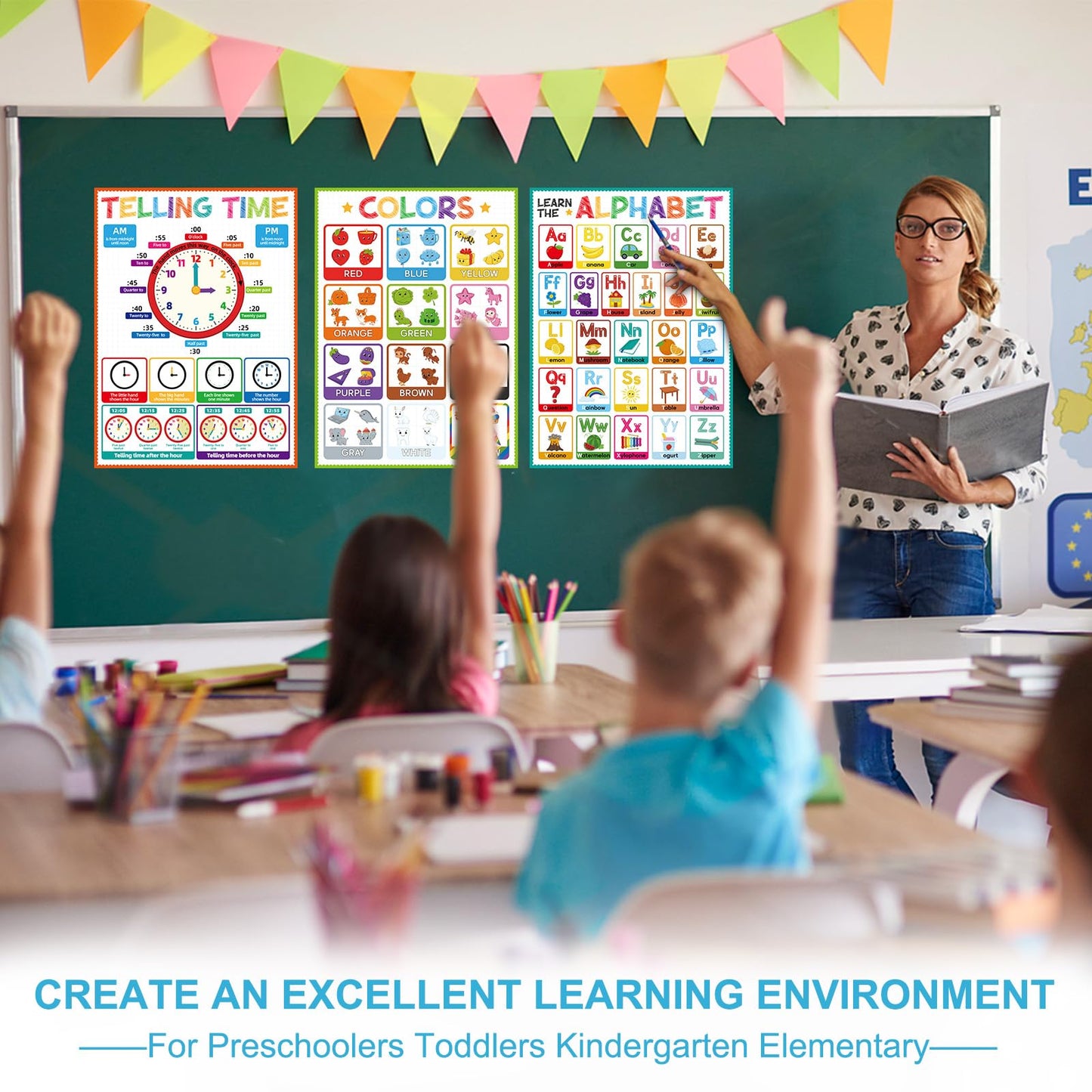 FaCraft 16 Educational Posters for Classroom - Kindergarten Preschool Elementary Classroom Must Haves - Laminated Learning Posters for Toddlers 1-3,Class Supplies Wall Decor, Voice Level Chart, ABC