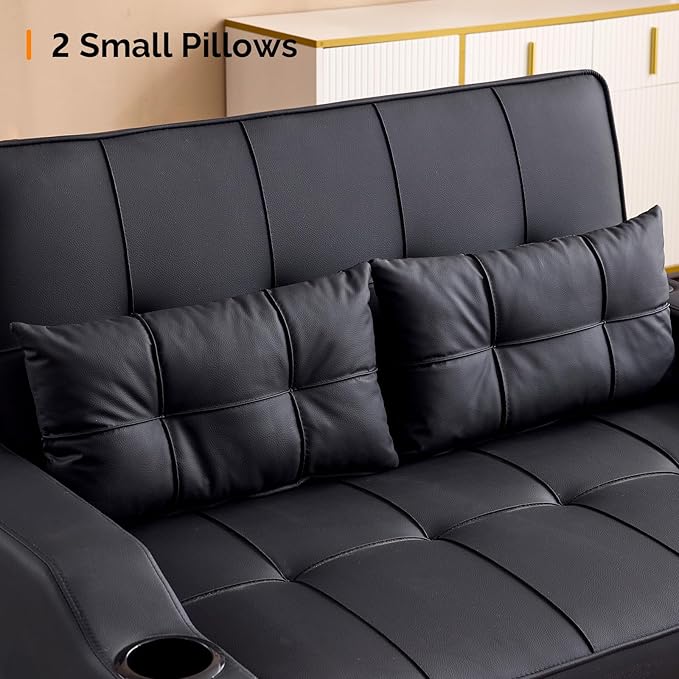VINGLI Black Futon Sofa Bed Convertible Loveseat Sleeper Couch, Faux Leather