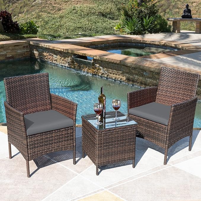 Greesum 3 Pieces Patio Furniture Sets Outdoor PE Rattan Wicker Chairs