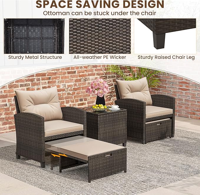 Tangkula 5 Pieces Patio Conversation Set, PE Wicker Rattan Outdoor Furniture Set