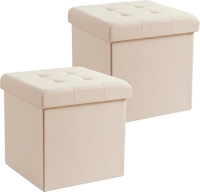 Ornavo Home 2 Pack 15 Inch Folding Storage Ottoman, Square Cube Linen Small