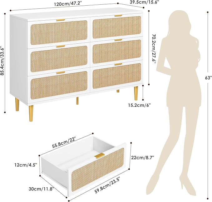 GarveeHome Rattan 6 Drawer Dressers