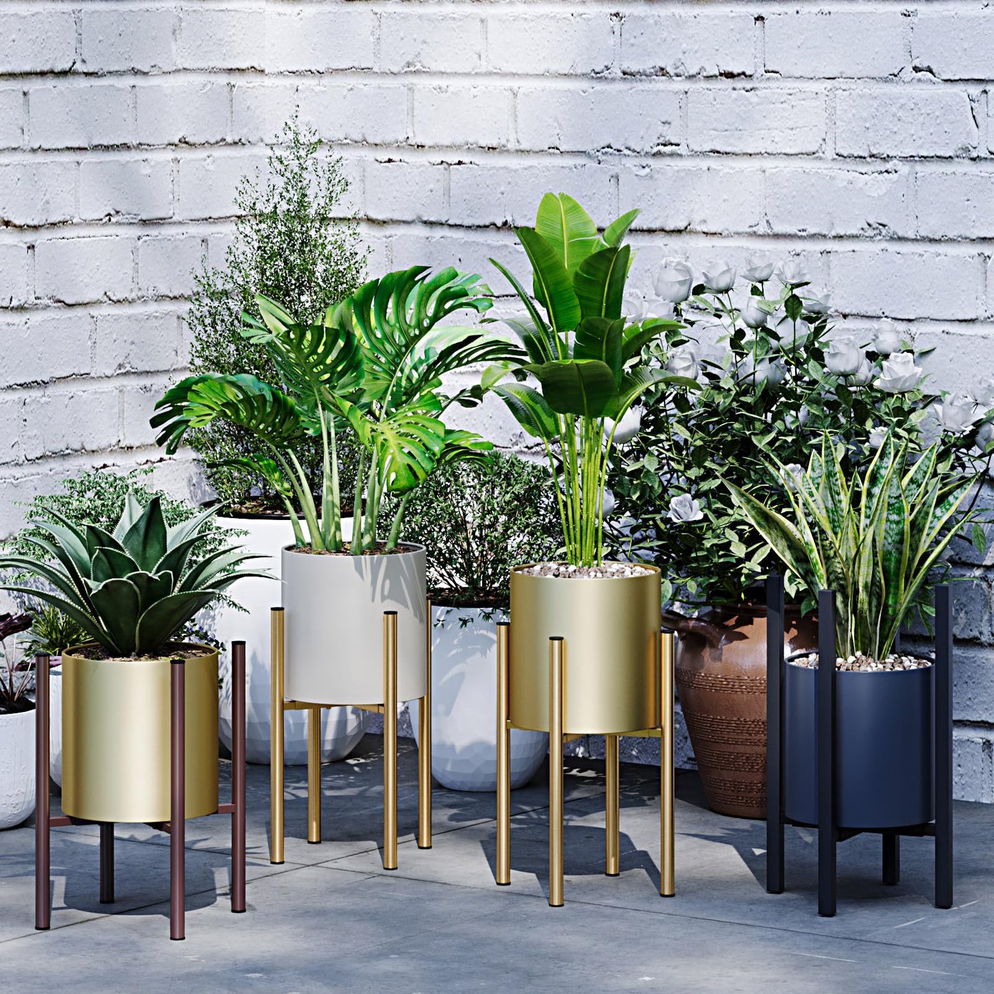 Rioneta Adjustable Metal Plant Stand Indoor, 8 to 14 Inch Pots Mid Century Modern Outdoor Planter Holder,Heavy Duty 160 LB Load, Corner Floor Small Stand for Home Garden Decor Golden