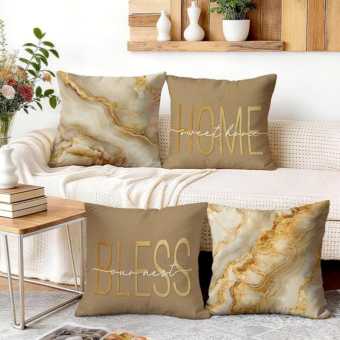 OBSEDE Inspirational Beige Marble Decorative Throw Pillow Covers 18 × 18 in