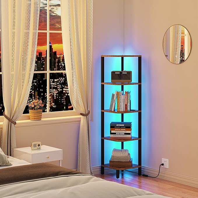TUTOTAK Corner Shelf with LED Light, 5-Tier Corner Bookshelf