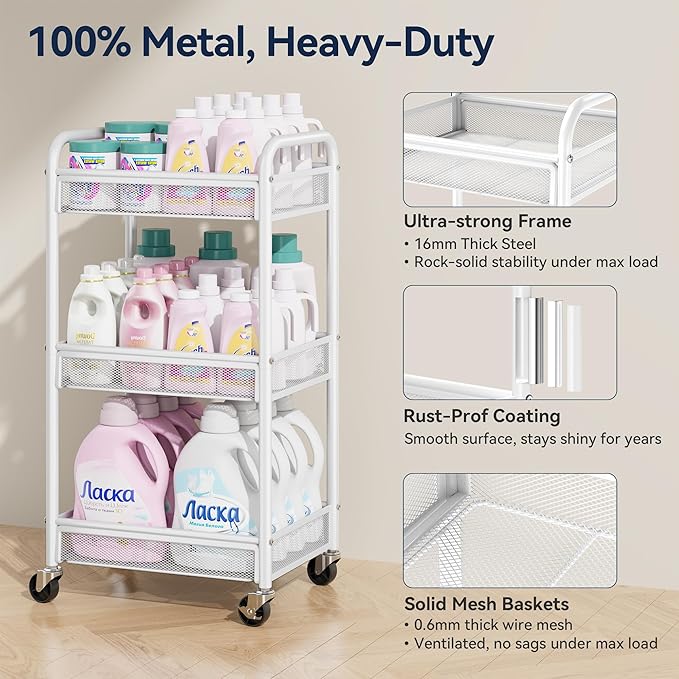 YASONIC 3 Tier Rolling Cart – Metal Utility Storage Carts