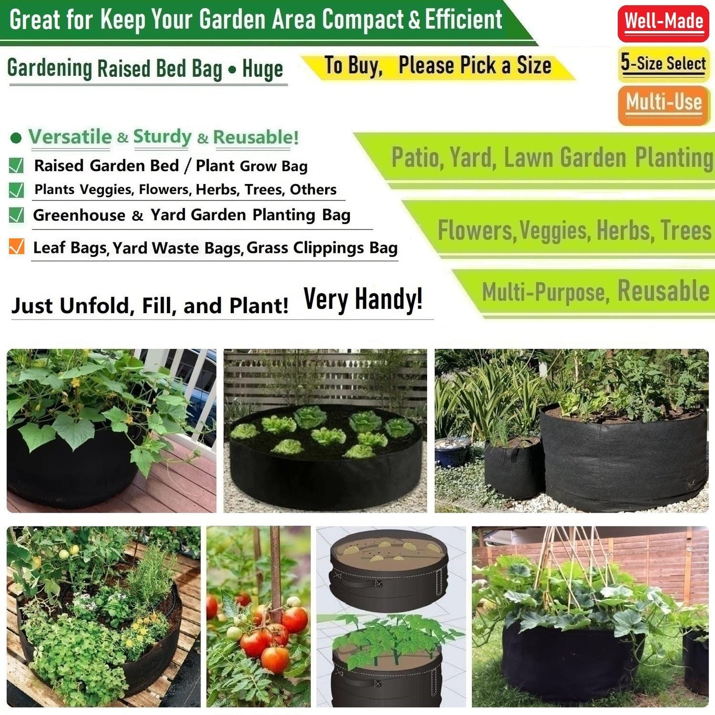 200 Gallon Big Raised Garden Bed Bag (50x24 inch) Large Plant Grow Bag for Tomato,Potato Planter,Herbs Veggies Planter,Flower Bed,Plant Container,Yard Waste,Lawn Debris,Leaf Bag with Gardening Gloves