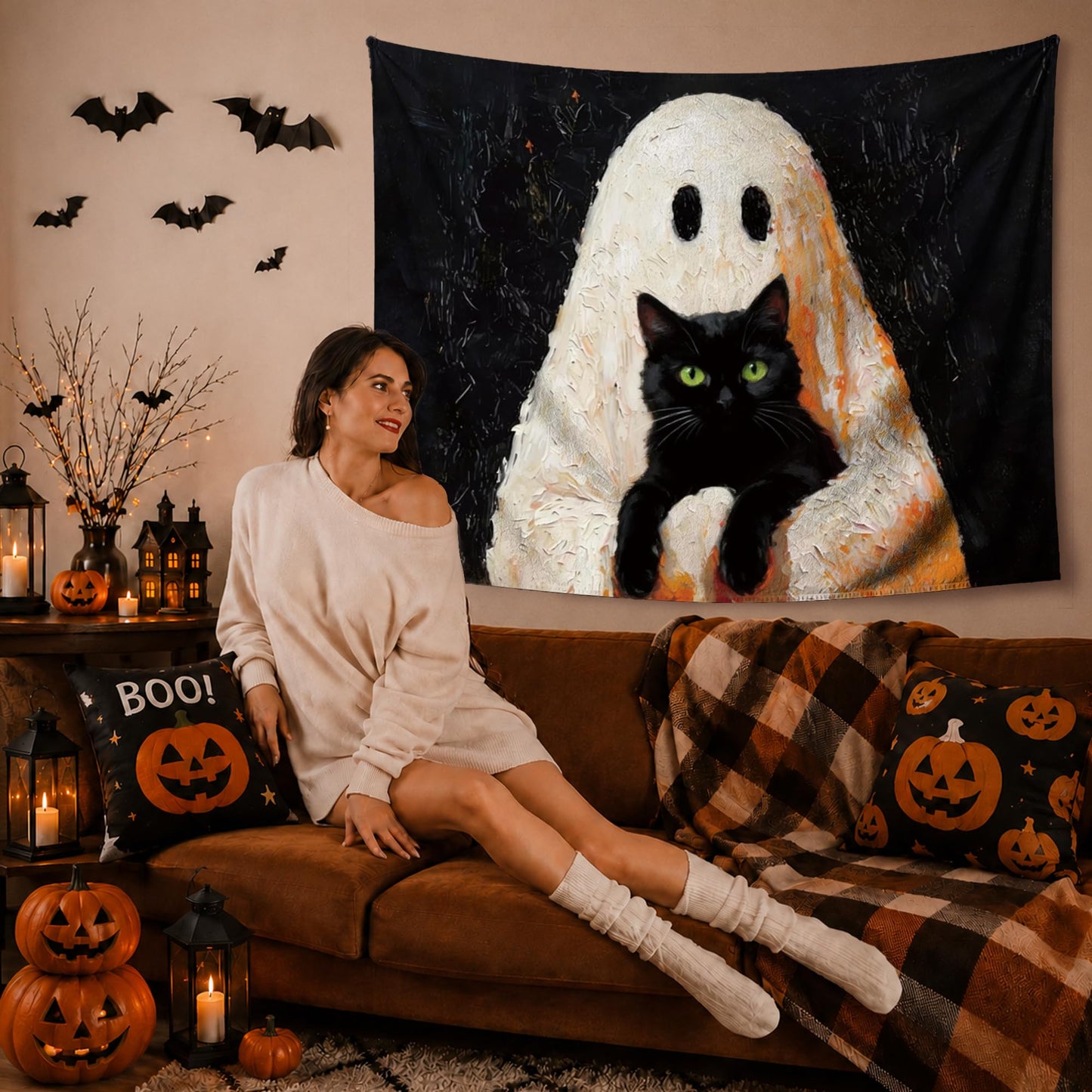 YTRG Spook Ghost Black Cat Tapestry, Halloween Tapestries Wall Hanging for Bedroom, Cat Ghost Tapestry Wall Decor Backdrop for Living Room Home, Black Cats Gifts for Women Girls Men, 50x60 Inch