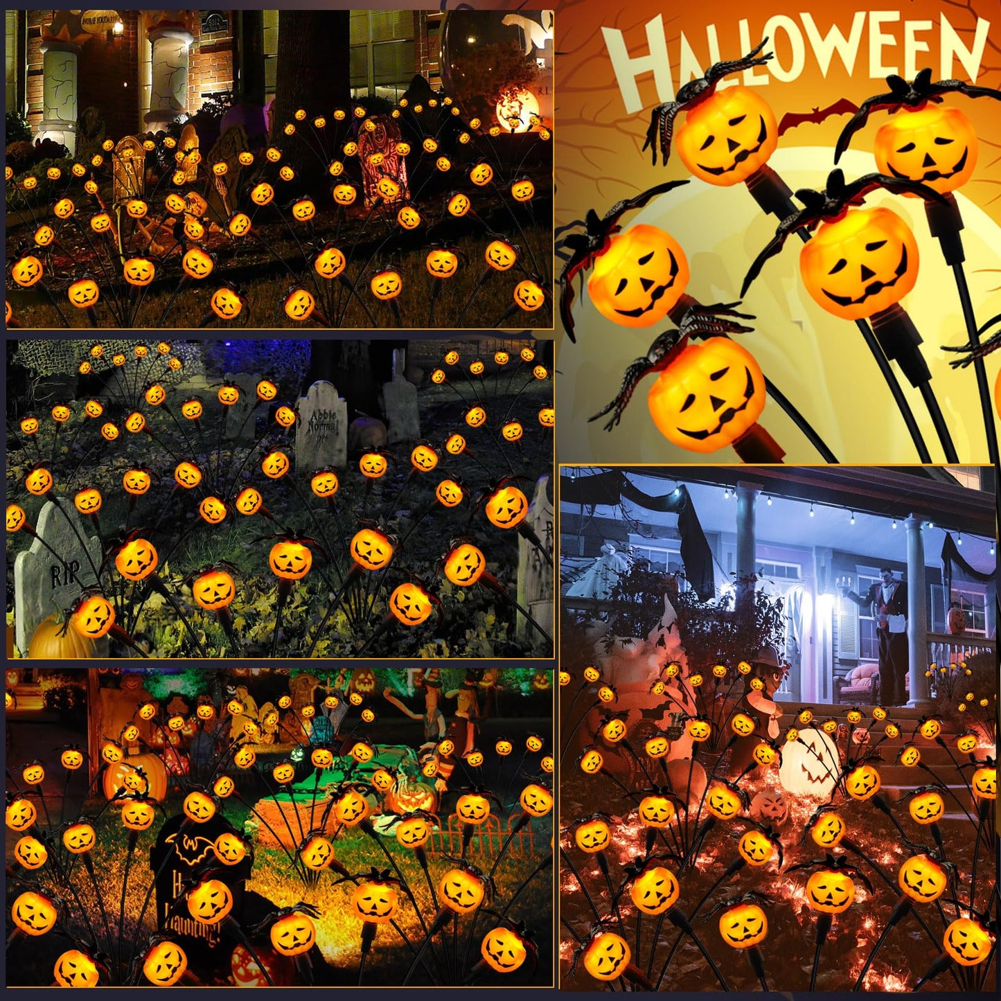Weepong Halloween Decorations Outdoor 2 Pack Solar Lights, 12 LED Scary Pumpkin Swaying Firefly Lights with Spider & Bats for Outside Garden Yard Lawn Grave Cemetery Ghost Decor Party, Orange