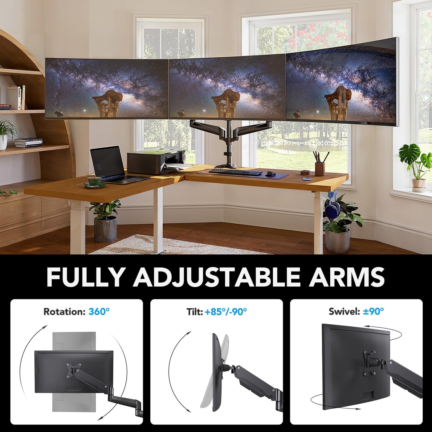 HUANUO Triple Monitor Mount for 17 to 32 inch Screens, Gas Springs Adjustment Triple Monitor Stand with Swivel, Tilt, Rotation, Clamp & Grommet Kit (Black)