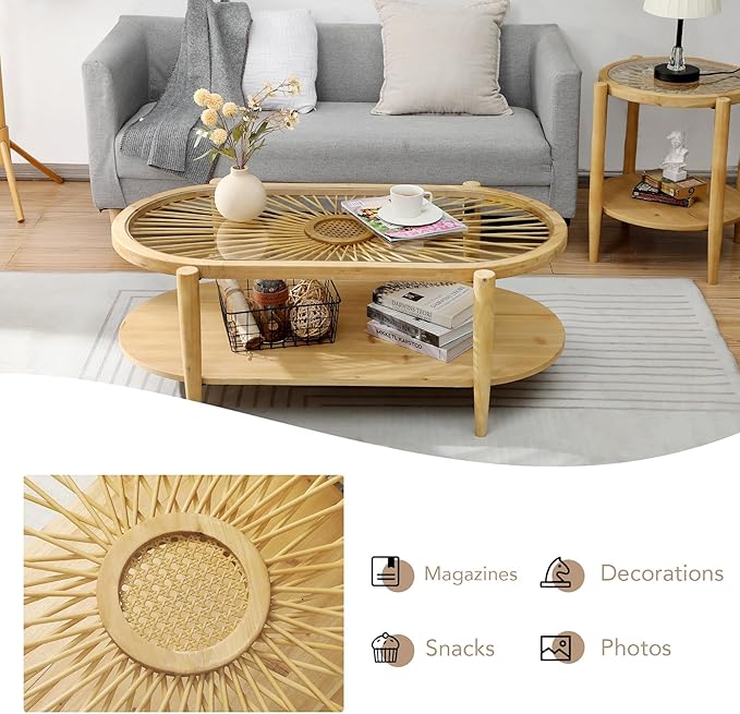 RUSTOWN Rattan Coffee Tables, 2-Tier Oval Boho Cocktail Tables, Mid Century