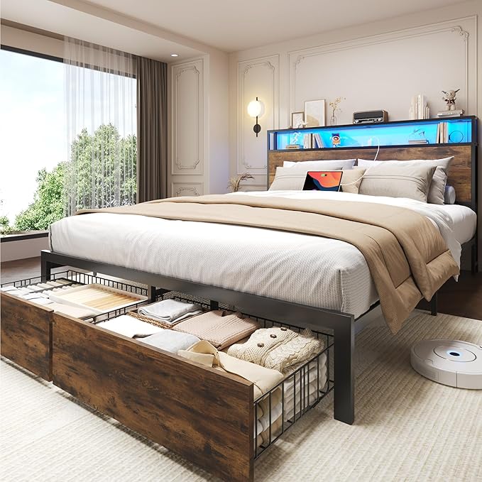 Lifezone Queen Bed Frame with 2-Tier Storage Headboard, Metal Bed Frame with