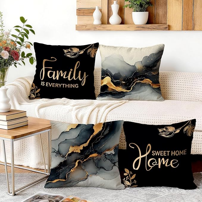 OBSEDE Black Gold Marble Sweet Home Decorative Throw Pillow Covers 18 × 18 in