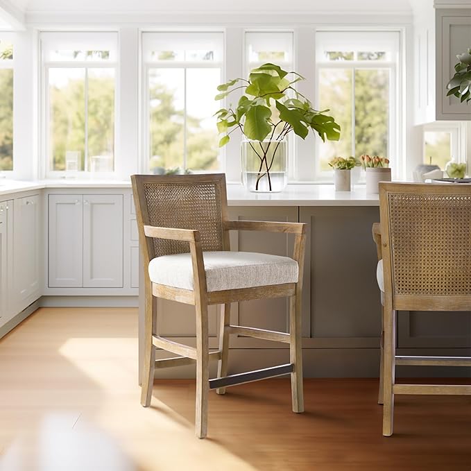 Madison Park Bar Stool with Rattan Back, Wood Counter Height Barstools