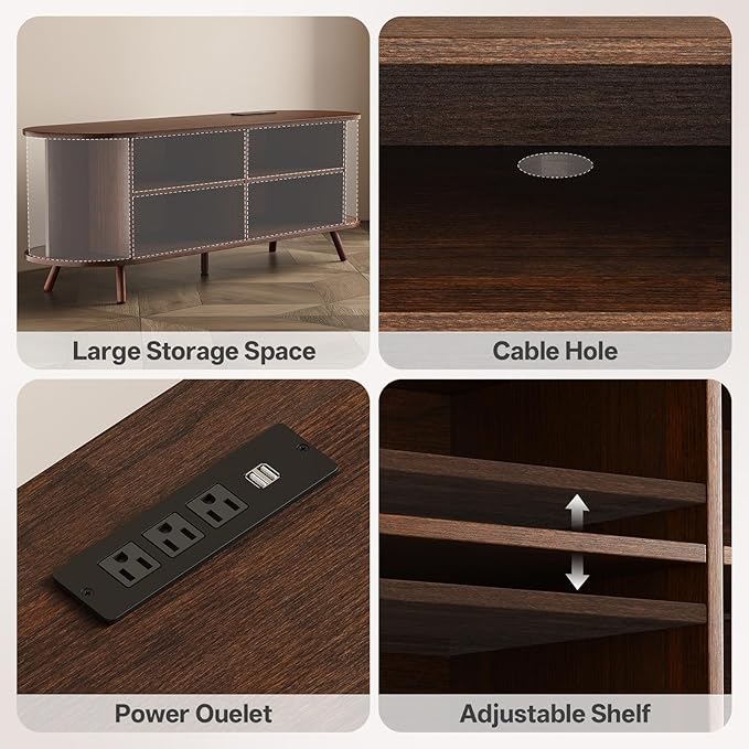 63 inch TV Stand with Power Outlet, Fluted Entertainment Center