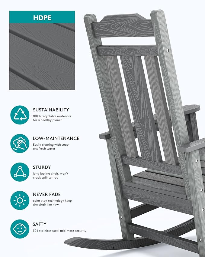 SERWALL Oversized Outdoor Rocking Chair, All Weather Patio Rocking Chair