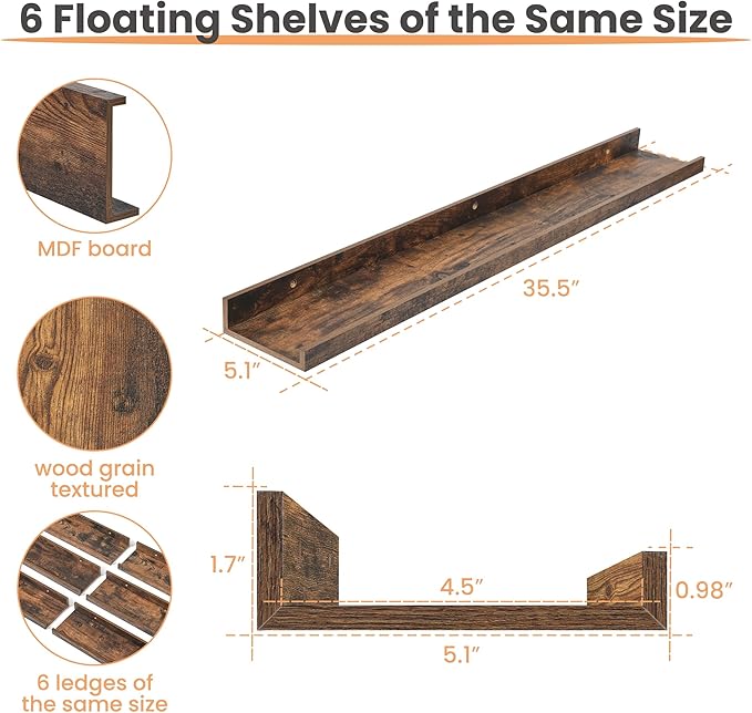 upsimples Floating Shelves for Wall, 35.5 Inch Shelves for Decor Storage Set of