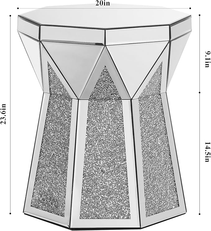 Drum End Table with Mirror Crystal, Modern Design Luxury Furniture, 20 inch