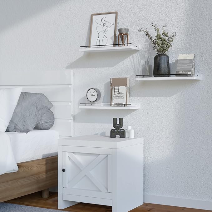 WOPITUES Floating Shelves with Black Metal Guardrail, Shelves