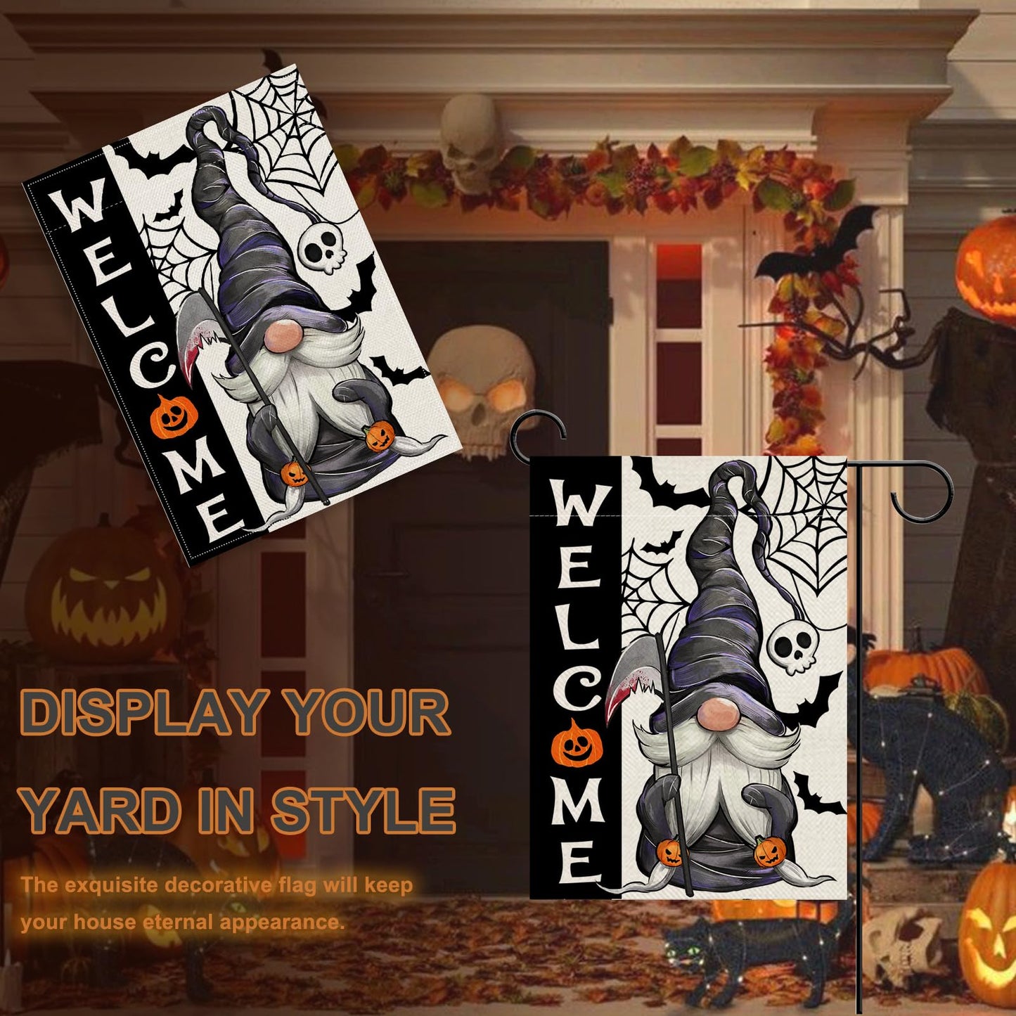 Covido Welcome Halloween Gnome Decorative Garden Flag, Spooky Jack O Lantern Pumpkin Skull Spider Web Bat Yard Outside Decorations, Funny Holiday Burlap Outdoor Small Home Decor Double Sided 12 x 18