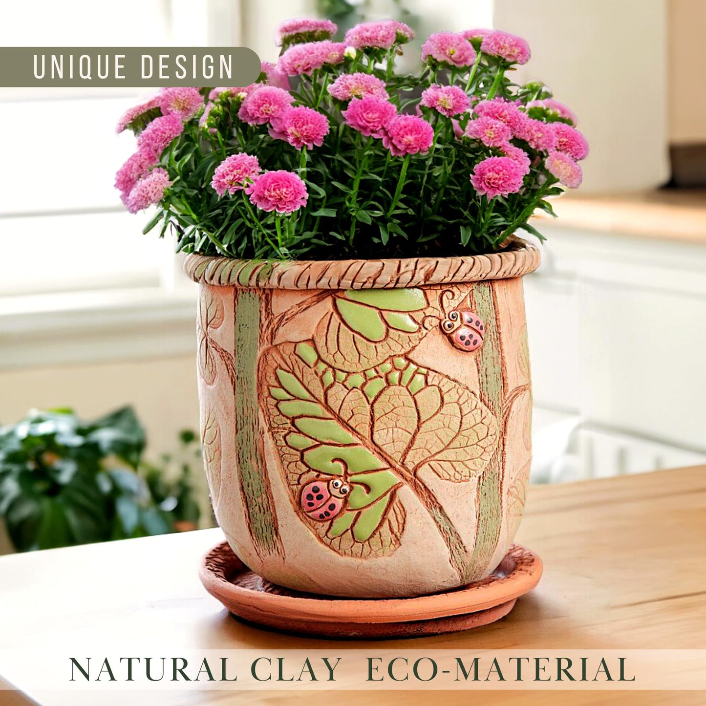 STP GOODS Ceramic Pot with Drainage Hole and Saucer, Plant Pots, Modern Decorative Planters for House Plants Indoor Flowers Plants, Cute Flower Pot - Gifts (Ladybugs (1.6 L))
