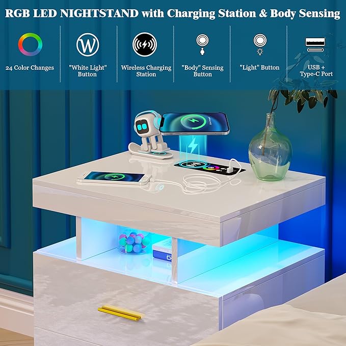 WOOVIVS Night Stand Set 2 with USB/Type-C/Wireless Charging Station, Modern