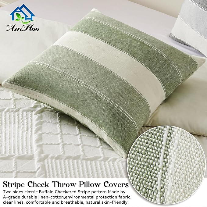 AmHoo Pack of 2 Farmhouse Stripe Check Throw Pillow Covers Set Case Cotton