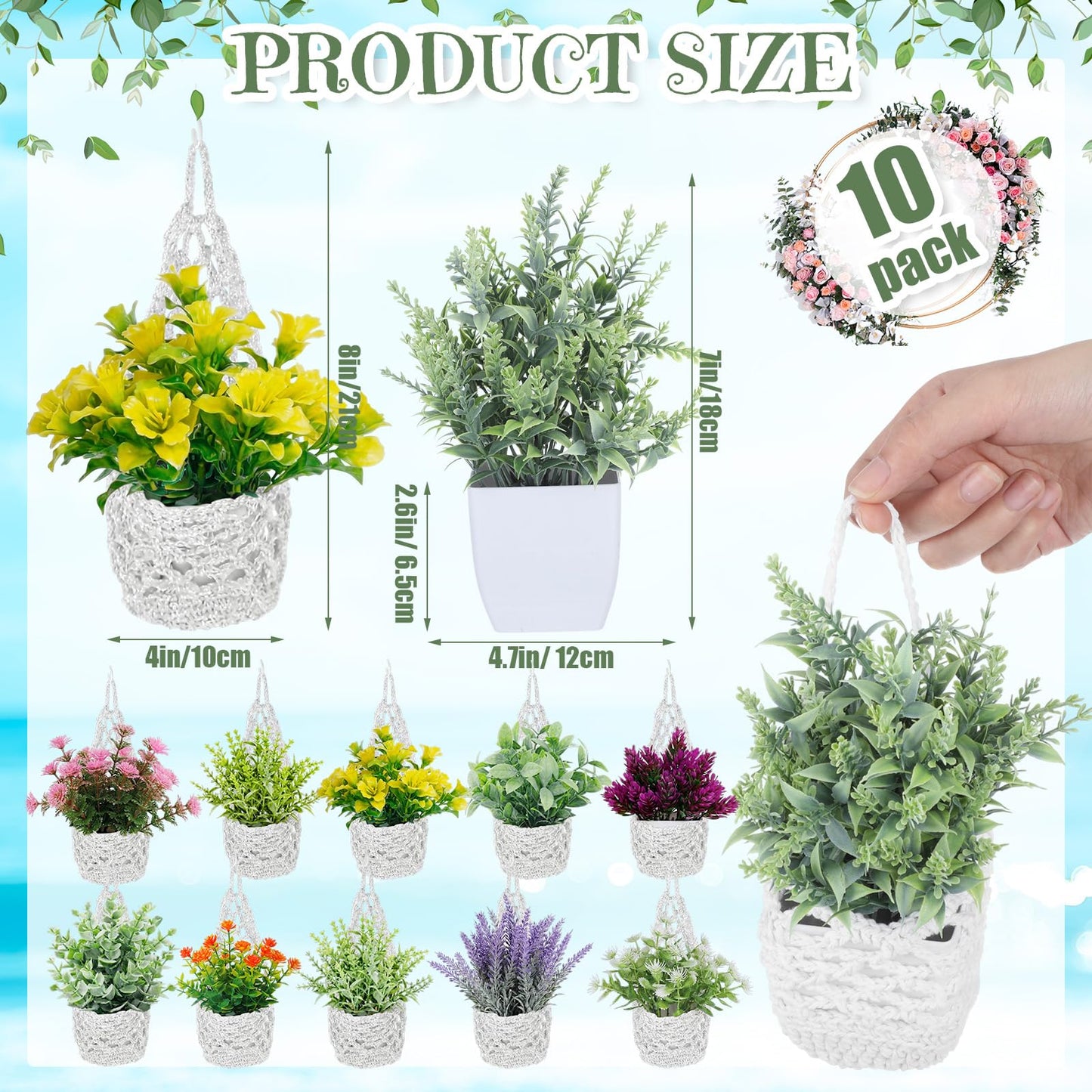 GliCraft 10 Pack Macrame Wall Plant Hanger with Artificial Pot Flower - Boho Wall Hanging Planter for Indoor Plant Cotton Rope Holder with Mini Fake Pot Flower for Home Wedding Decor Gift(White)