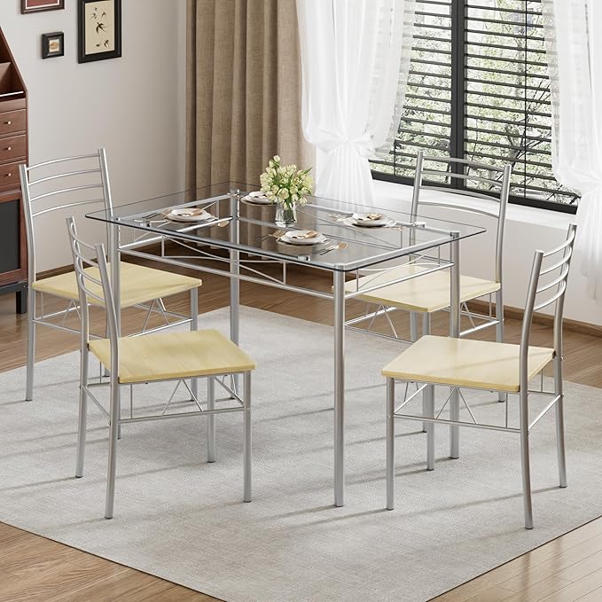 VECELO Dining Table Set for 4, 5-Piece Glass Kitchen Table