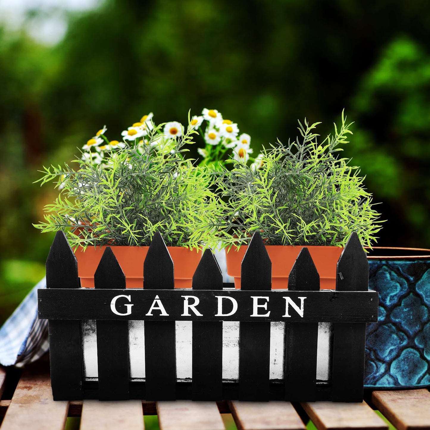 Angoily Creative Wooden Fence Flowerpot Planter Box for Balcony and Garden, Rectangular Black Wood Plant Container, Decorative Green Plant Pot for Outdoor Patio Use