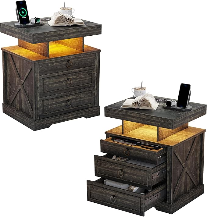 HNEBC Night Stand Set 2 with Gun Drawers, Farmhouse Nightstand with Charging
