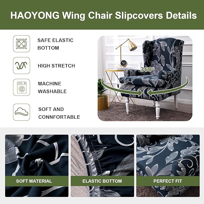 HAOYONG Wing Chair Slipcovers Printed Wingback Chair Covers 2 Pieces Wingback