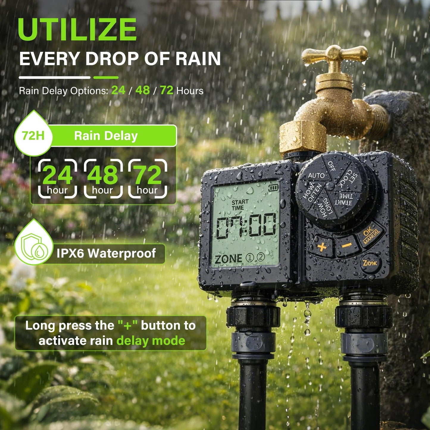 MIXC Drip Irrigation System with Timer,1/4" 100Ft Automatic Garden Watering Kit with 16pcs 360°Adjustable Brass Nozzles & Bendable Rod,for Outdoor Plants,Lawn,Raised Bed,Potted Plant,Yard,Greenhouse