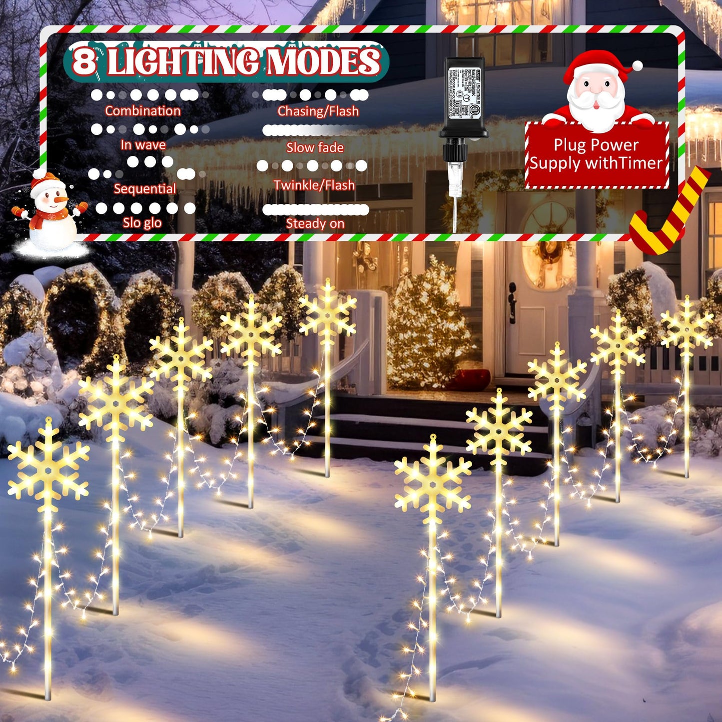 ElectricWise 10 Pcs Christmas Snowflake Pathway Stake Lights for Outdoor Yard, 370 Bright LEDs Waterproof Large Christmas Snowflake Light Decoration for Garden Lawn Driveway Walkway Decor (Warm White)