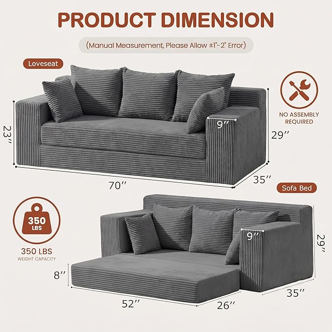 Convertible Sofa Bed, 5 in 1 Small Boneless Couch Pull Out Loveseat Sleeper Sofa