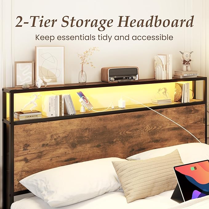 Lifezone Queen Bed Frame with 2-Tier Storage Headboard, Metal Bed Frame with